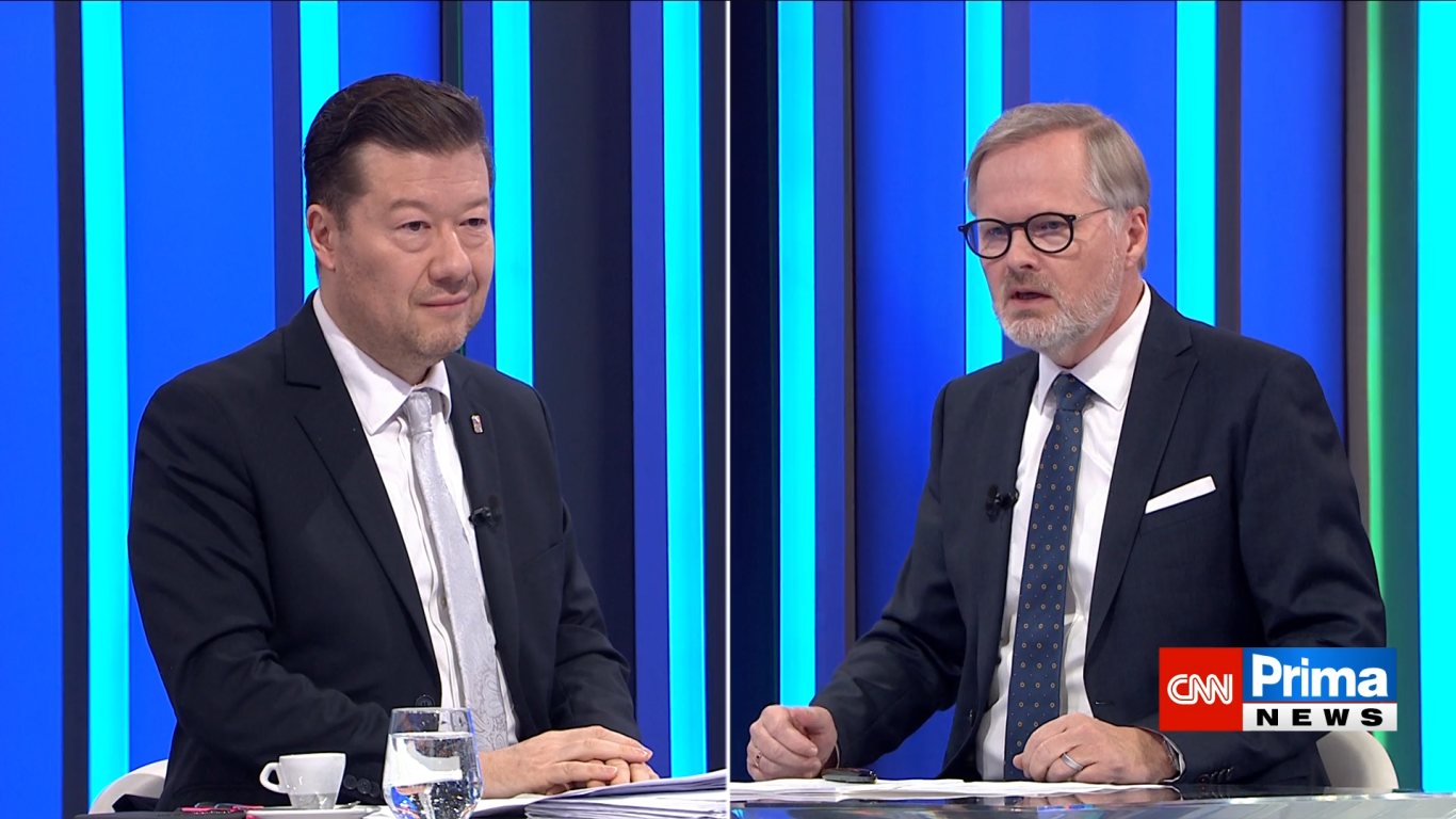 Ostrý názorový střet Tomia Okamury a Petra Fialy v Partii Terezie Tománkové