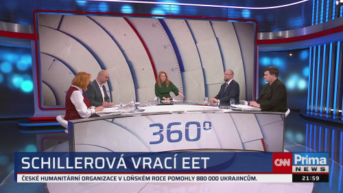 360°, 18.2. v 21:59 - M. Kolovratník, Z. Majerová, J. Bartošek, M. Hlavatý, L. Valeš, M. Školník